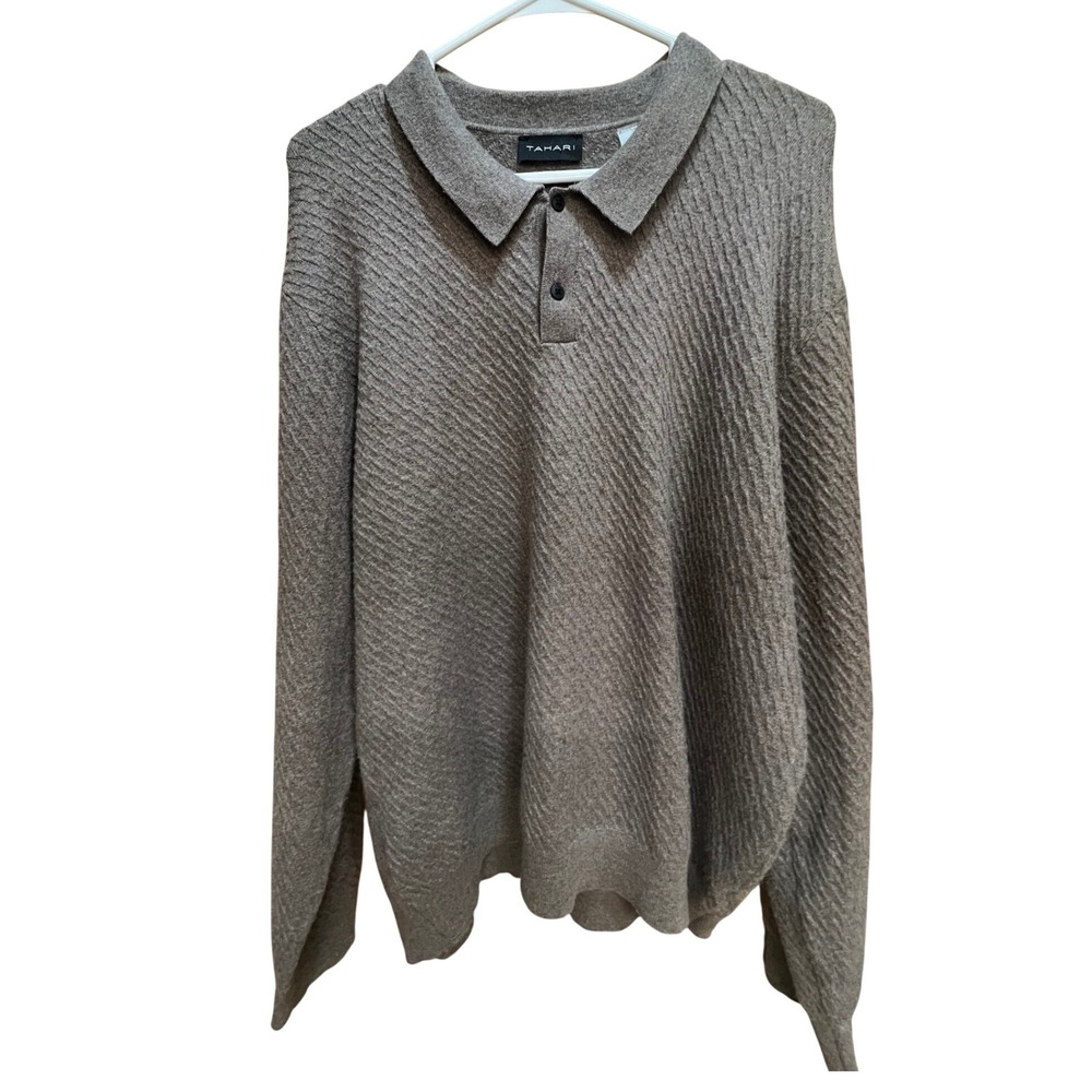 Tahari Mens XL Taupe Brown Ribbed Knit Wool‎ Blend Long Sleeve Polo Sweater
